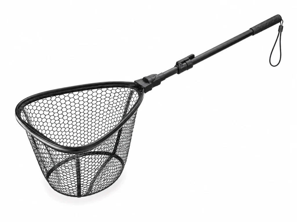 fishing A landing net designed for safe and efficient fish handling, an essential piece of fishing gear for landing a catch.