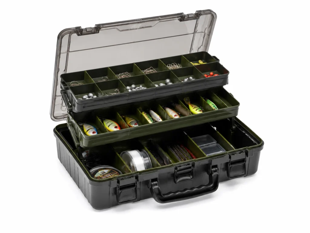 fishing A tackle storage box with multiple compartments for organizing and protecting essential fishing gear and accessories.