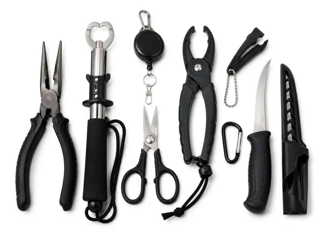 fishing A set of practical fishing gear tools, including pliers, fish grippers, scissors, and a fishing knife for handling common tasks on the water.