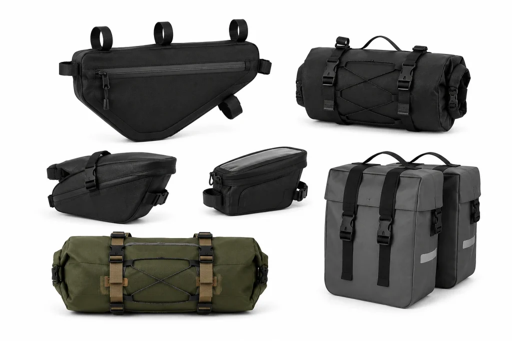 cycling Custom bike bags including frame bags, saddle bags, panniers, and bikepacking bags.