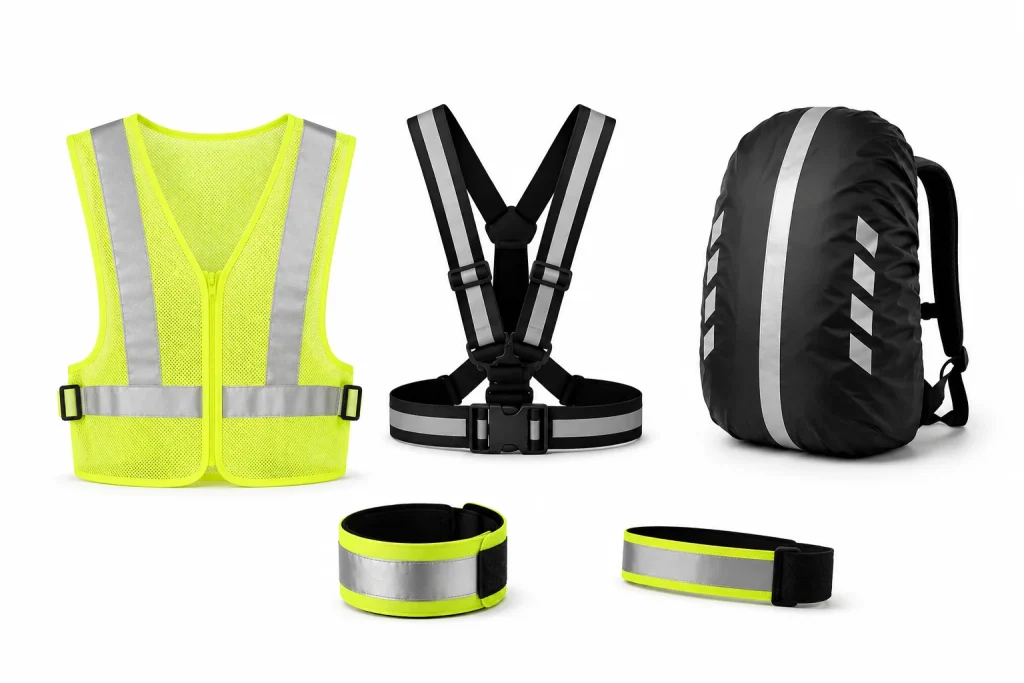 cycling Reflective cycling accessories including safety vests, reflective harnesses, backpack covers, and armbands.