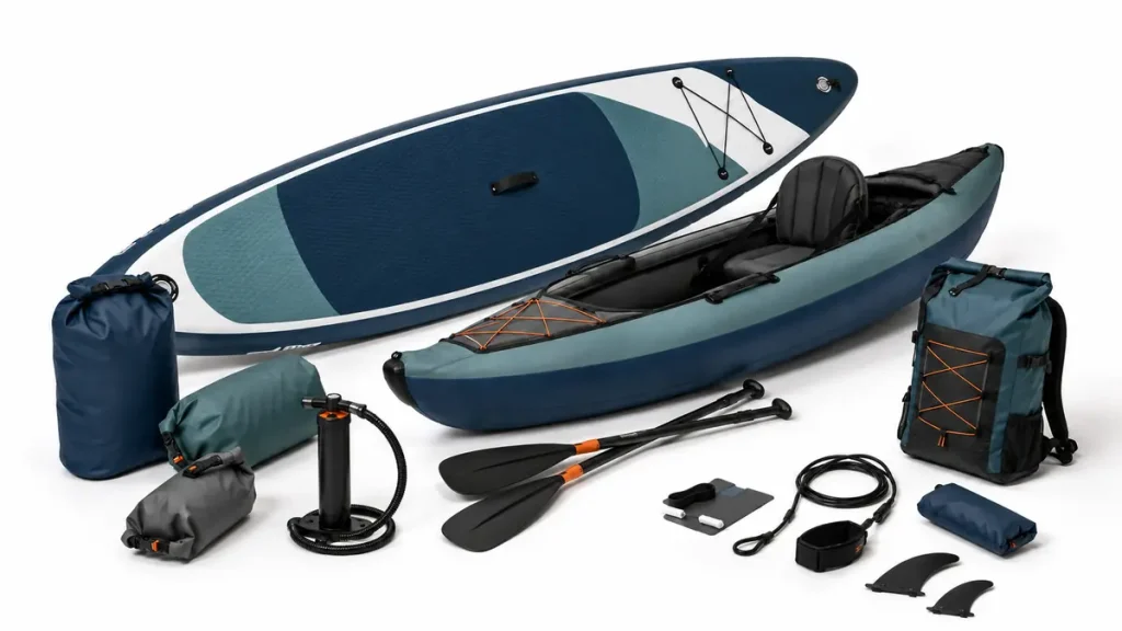 Our Water Sports Equipment range includes inflatable paddleboards, kayaks, waterproof bags, paddles, pumps, and essential accessories for outdoor water activities.