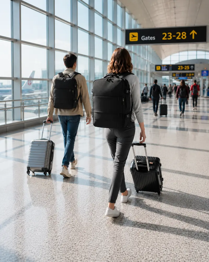 Travelers carrying backpacks and rolling luggage through an airport