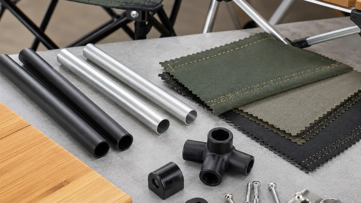 Camping furniture materials including metal tubes, fabrics, and plastic connectors.