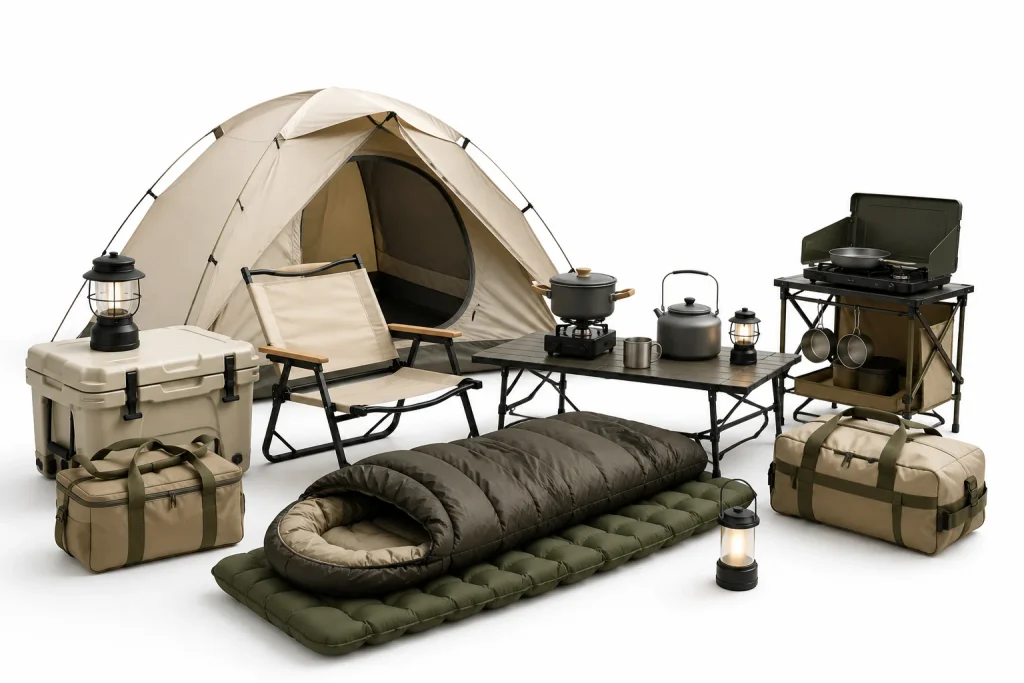 Camping A complete camping setup with a tent, folding furniture, cookware, lighting, and storage equipment showcases the wide range of camping gear you can source from China.