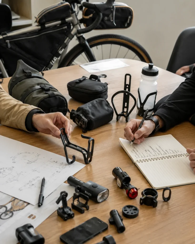 cycling Buyers reviewing bicycle lights, bottle cages, bags, and other cycling accessories while planning a bicycle accessories sourcing project in China.