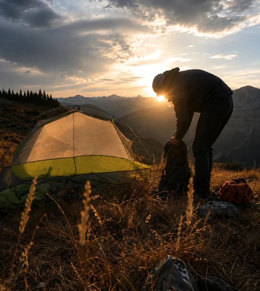 A hiker setting up a lightweight tent in the mountains demonstrates the practical use of hiking gear sourced from China.