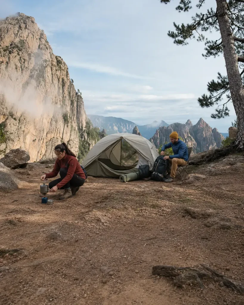 Camping Campers using a tent and portable cooking equipment in the mountains demonstrate the practical use of camping gear sourced from China.