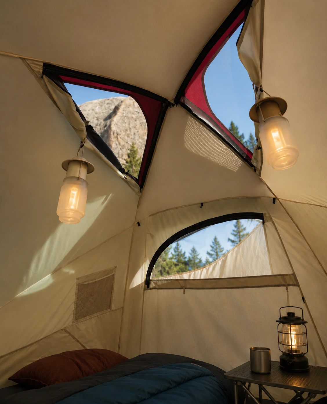 Camping A camping tent equipped with hanging lights showcases the practical design and functionality of camping gear in China.