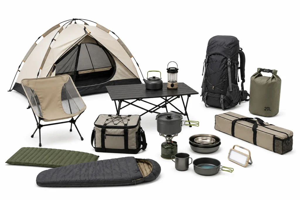 Home Outdoor products sourced from China including camping tent, chair, table, backpack, dry bag, sleeping gear and cookware.