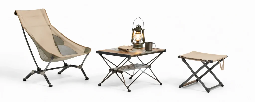 Camping furniture sourcing from China with a folding chair, table, stool and camping lantern.