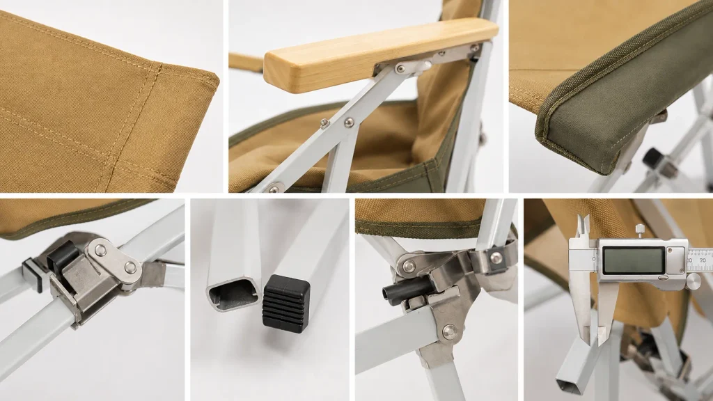 How to Source Custom Camping Chairs from China Custom camping chairs quality details including frame joints, fabric stitching, and tube measurement.