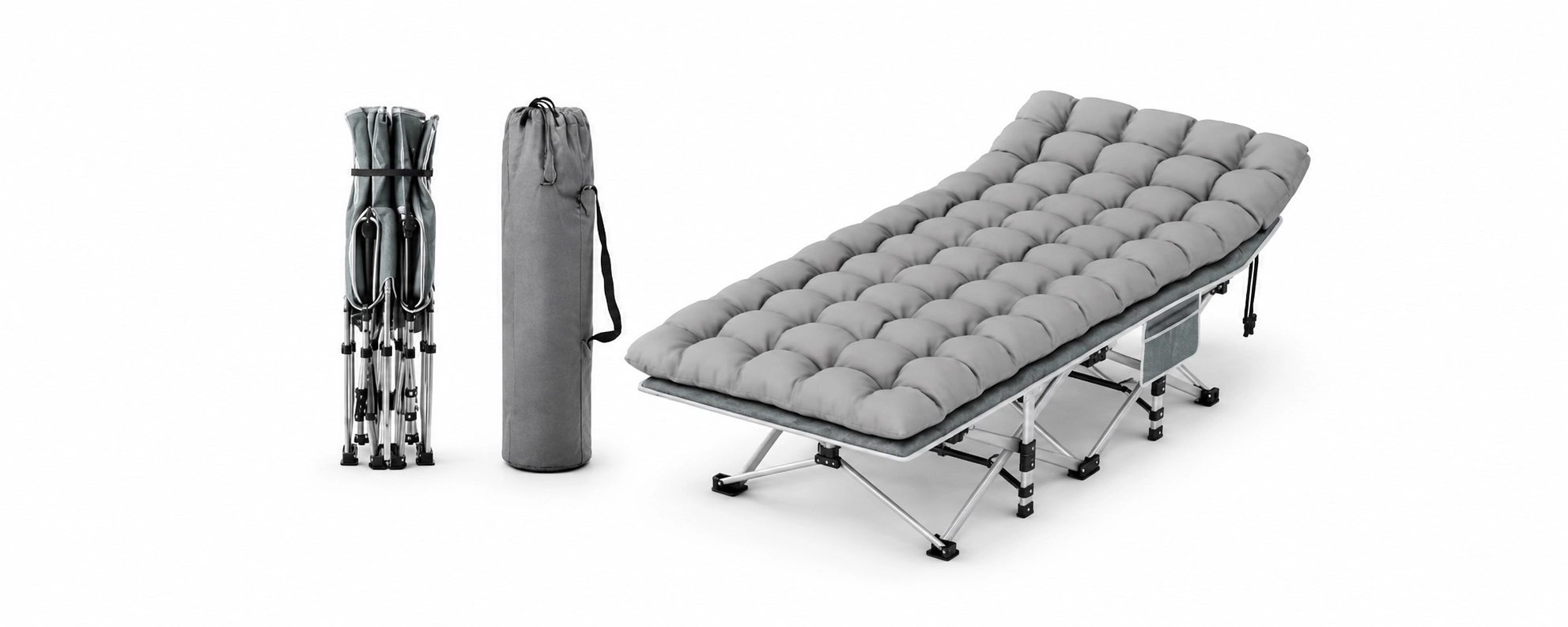 Custom foldable camping cot with carrying bag for outdoor use.