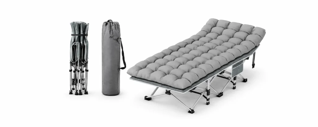 Padded folding camping cot with compact frame and carry bag