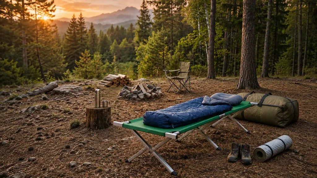 Folding camping cot with sleeping bag at a forest campsite