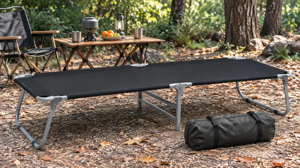 Extra-wide folding camping cot with tubular metal frame and carry bag