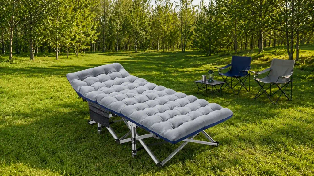 Padded instant-fold camping cot with adjustable backrest structure
