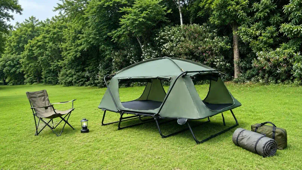 Canopy camping cot with dual sleeping platforms and tubular frame