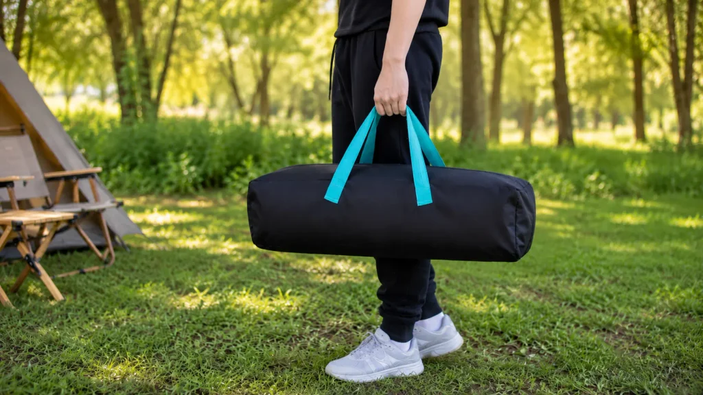 Person carrying a portable camping cot storage bag at a campsite