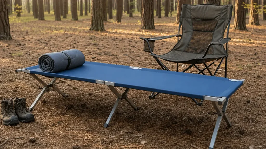 Traditional folding camping cot with metal frame and tensioned fabric