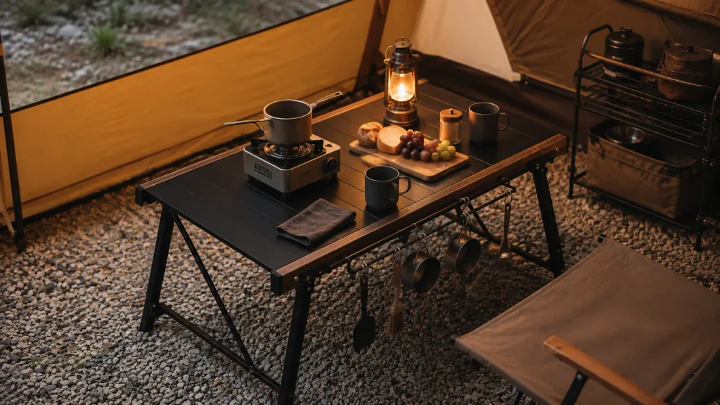 Custom modular camping kitchen table with storage shelves and prep space