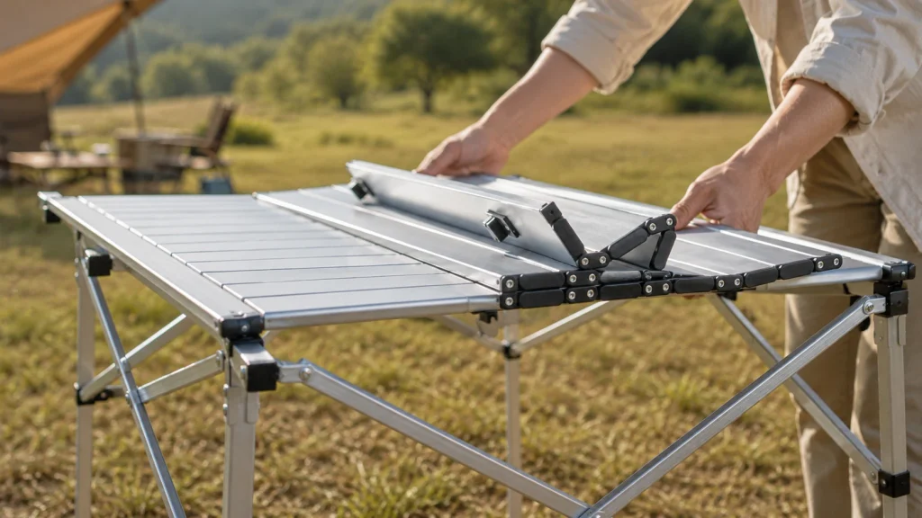 Aluminum folding camping table locking mechanism and frame structure