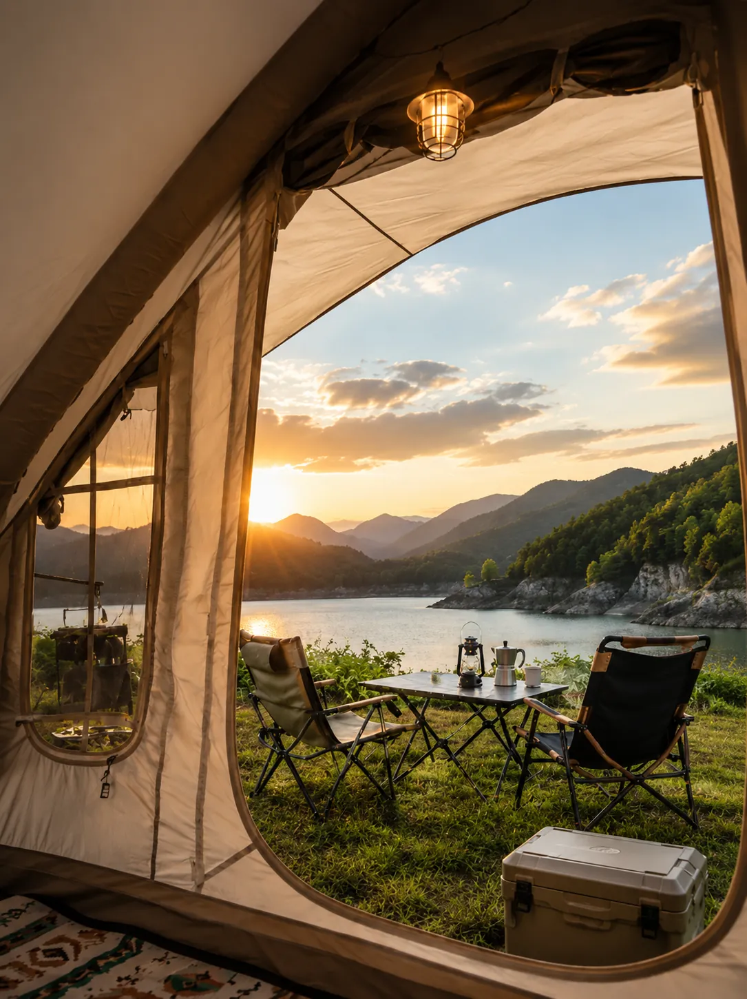 Home Souring camping furniture like folding chairs and tables for lakeside and outdoor settings.