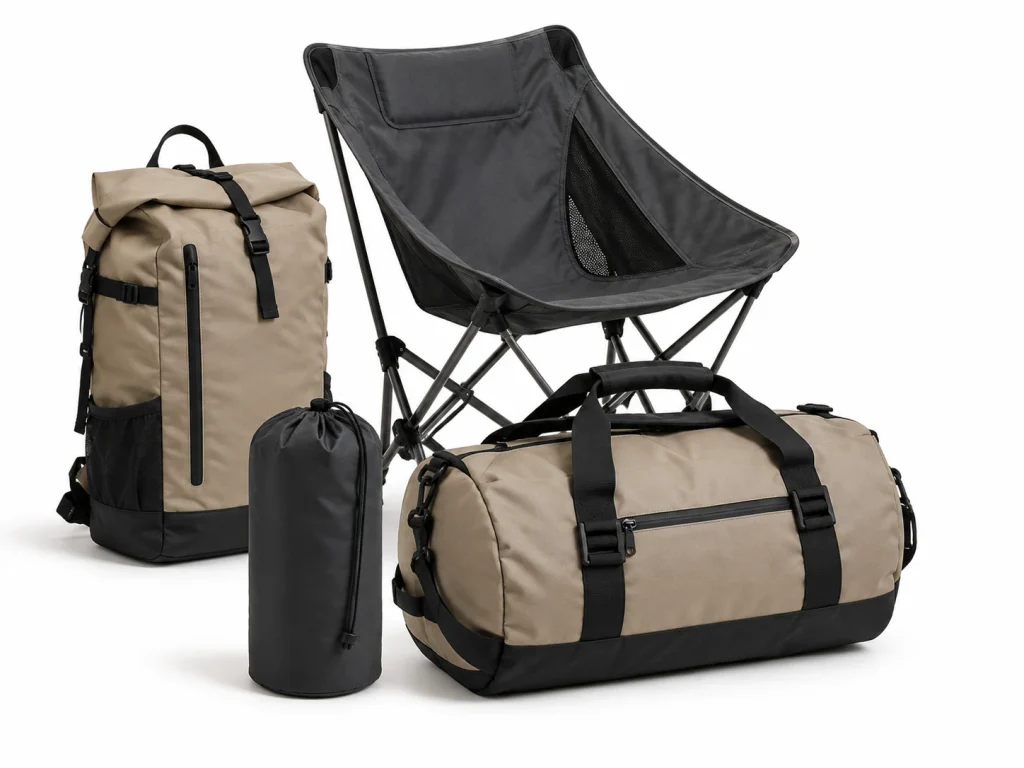 Custom fabric outdoor products including backpacks, camping chairs, and duffel bags.