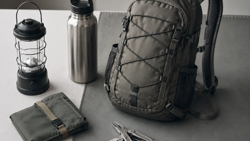 Outdoor product development samples including a backpack, lantern, and bottle.