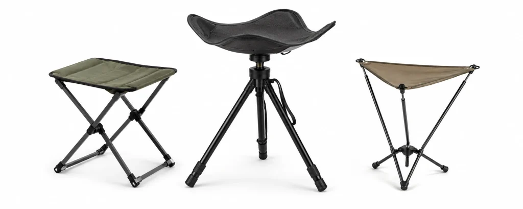 Three different camping stool designs for portable outdoor seating.