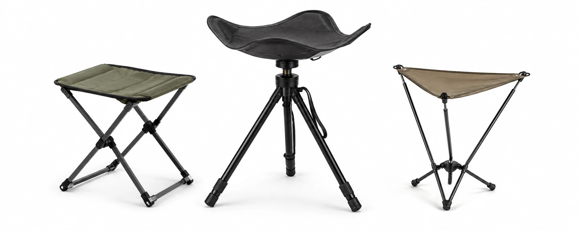 Three different camping stool designs for portable outdoor seating.