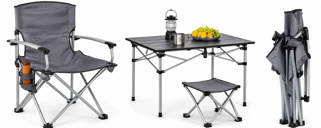 Camping furniture OEM/ODM products from China, including a folding chair, table, and stool