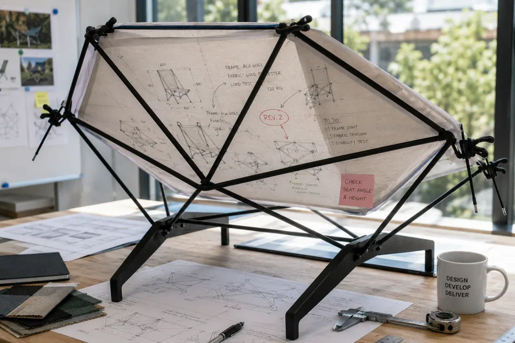 Camping furniture OEM prototype with frame drawings and material samples