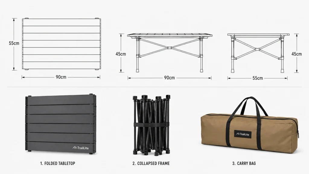 OEM folding camping table dimensions, collapsed frame, tabletop, and carry bag