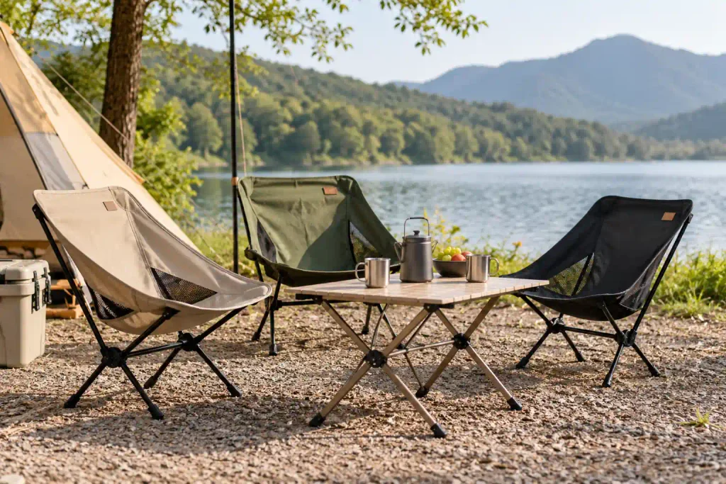 Camping Furniture Quality Control and Inspection Camping chairs and table in a lakeside campsite