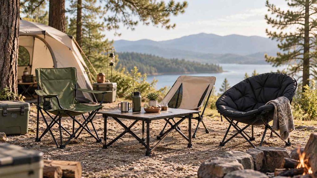 Different camping chair styles in an outdoor campsite setting