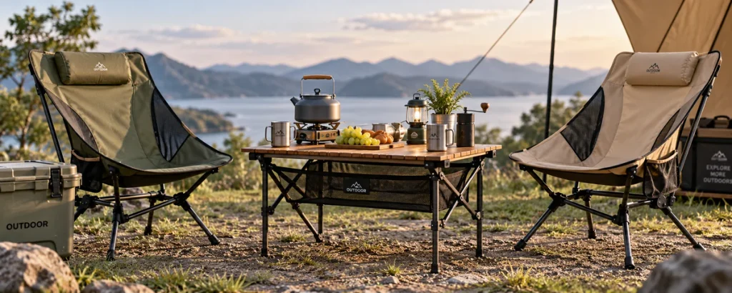 Camping Furniture Quality Control and Inspection Two camping chairs and a folding table at a lakeside campsite