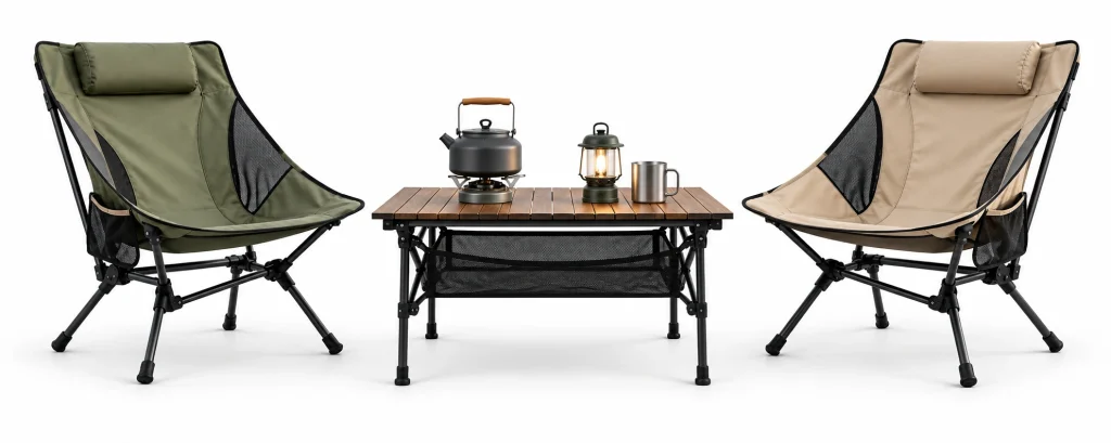 Two modern camping chairs and a folding table with kettle and lantern