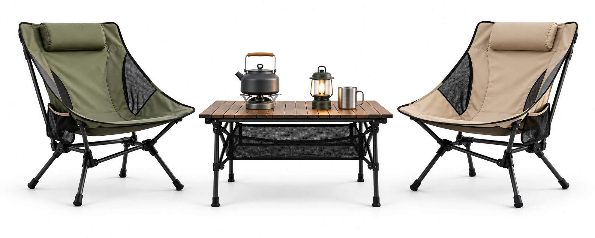 Two modern camping chairs and a folding table with kettle and lantern