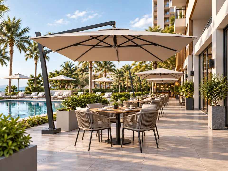 Outdoor Umbrellas Commercial cantilever umbrellas at a hotel outdoor dining area