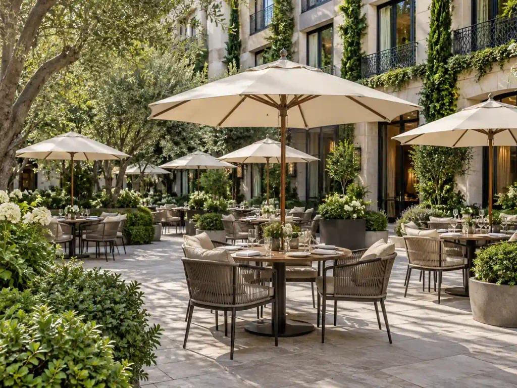 Outdoor Umbrellas Commercial patio umbrellas in a hotel courtyard dining area