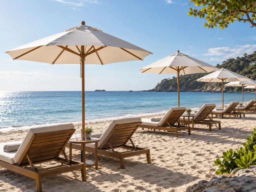 Outdoor Umbrellas Commercial beach umbrellas arranged along a seaside resort lounge area