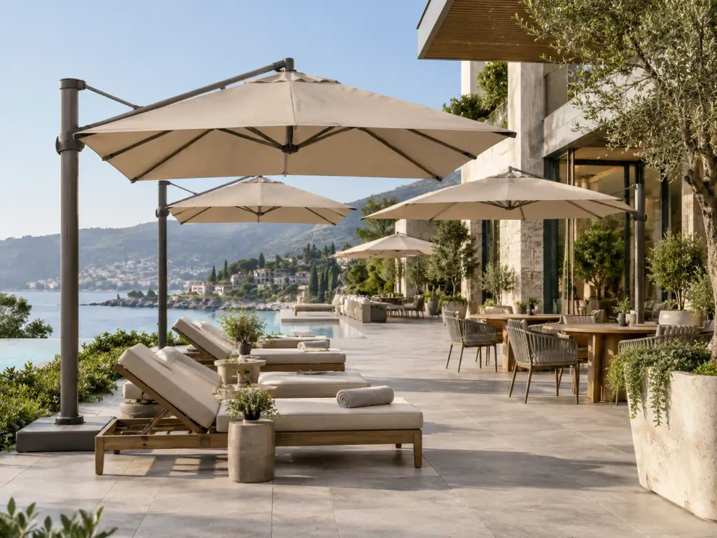 Outdoor Umbrellas Cantilever umbrellas shading poolside lounge and dining areas at a resort