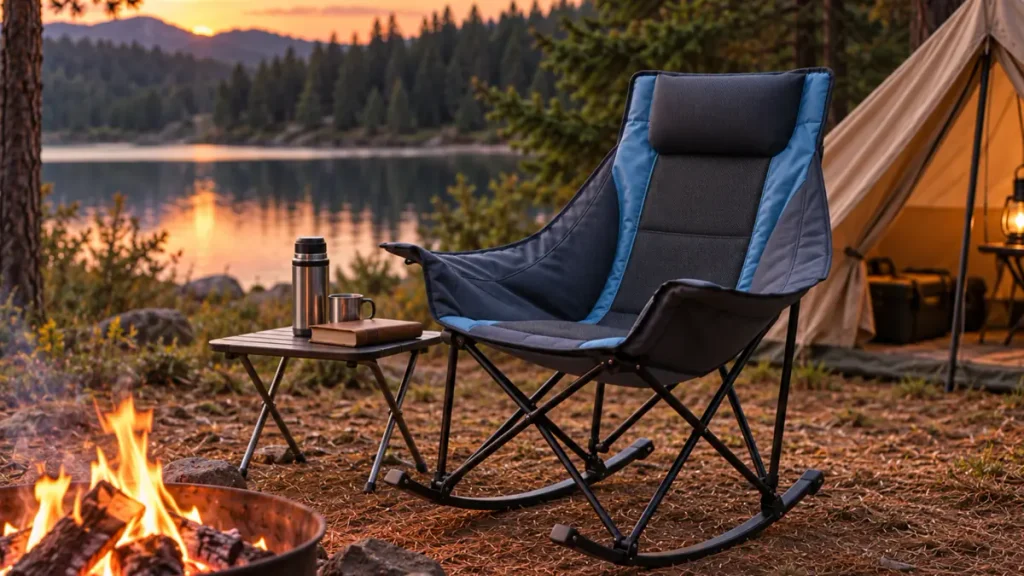 Rocking Camping Chairs Wholesale from China Rocking camping chair at a lakeside campsite with tent and campfire