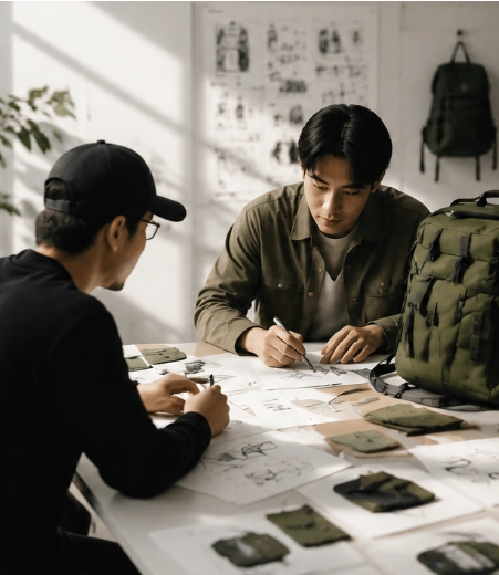 Outdoor product development team reviewing backpack designs and material samples