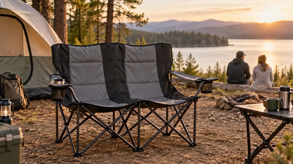 Two-person double camping chair in a lakeside camping scene