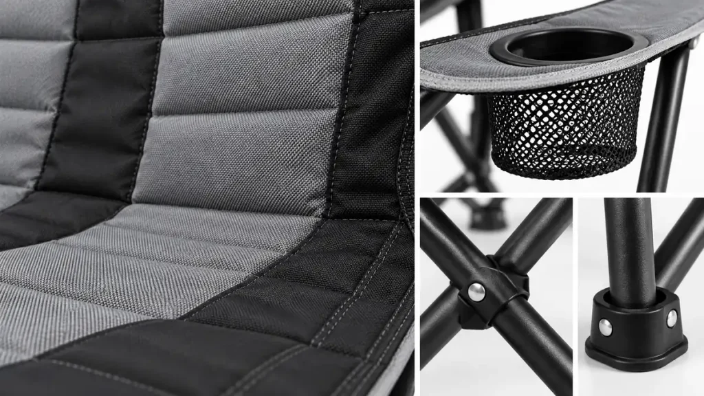 Double camping chair frame, fabric, stitching, and cup holder details