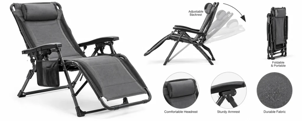 Reclining camping chair with adjustable backrest and folding frame