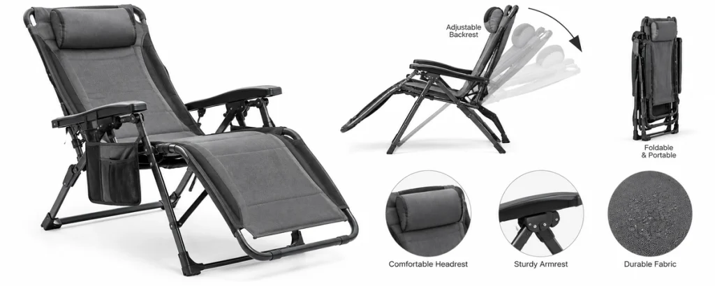 Reclining camping chair with adjustable backrest and folding frame