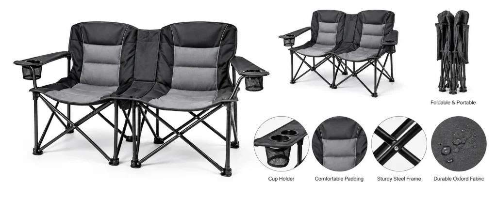 Double camping chair with cup holders and folding steel frame